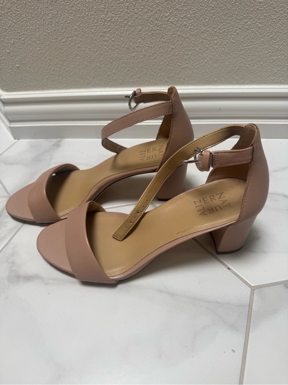 Nude Pinkish Beige Ankle Strap Block Heel Sandals -Naturalizer